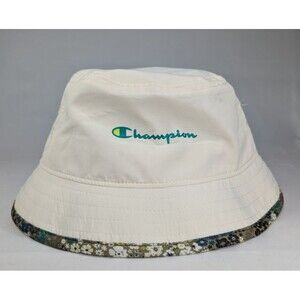 Champion Logo Bucket Fishing Hat Quilted Floral Trim Wide Brim Off White & Green
